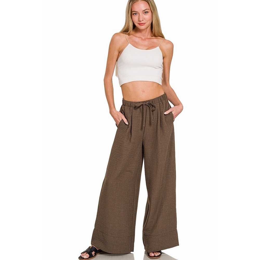 Zenana Woven Airflow Drawstring Pants Chocolate Brown Sz Medium NWT